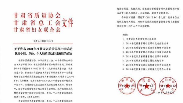 近日，甘肃省质量协会、甘肃省总工会、甘肃省妇女联合会联合发文表彰了2020年甘肃省优秀质量管理小组活动成果，隧道公司推荐申报的《研发一组湿陷性黄土路基施工高功效参数》《提高U型槽安装的美观度》和《